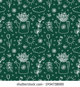 Spring gardening doodles seamless pattern. Hand drawn watering can with willow branches, flowers, sun, cloud, bee. Blossom season vector background for design kid print, wrapping paper, textile