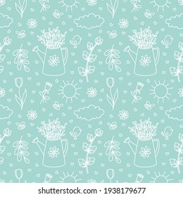 Spring gardening doodles seamless pattern. Hand drawn watering can with willow branches, flowers, sun, cloud, bee. Blossom season vector background for design kid print, wrapping paper, textile