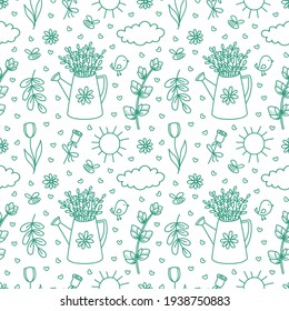 Spring gardening doodles seamless pattern. Hand drawn watering can with willow branches, flowers, sun, cloud, bee. Blossom season vector background for design kid print, wrapping paper, textile
