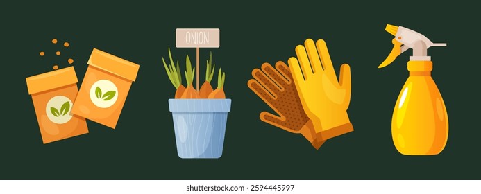 Spring gardening elements includes seeds packet, sprouted seeds in pot, gloves, water spray bottle isolated on dark green background.

