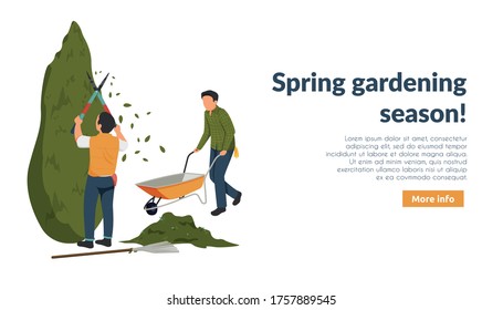Spring gardening flat background with editable text more info button and characters of gardeners at work vector illustration