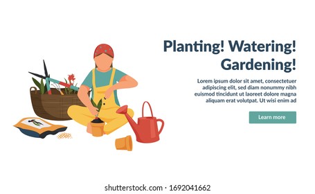 Spring gardening flat background with faceless character of woman growing plant in pot with editable text vector illustration