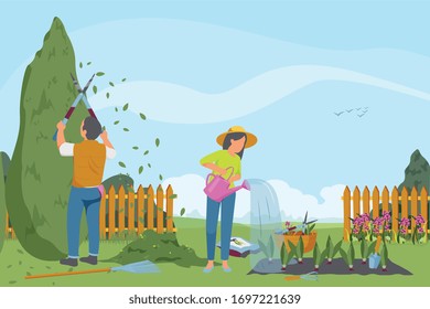Jardín de primavera composición plana con personajes de jardineros trabajando en el paisaje de jardín exterior con cultivo de verduras ilustración vectorial