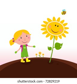 Spring gardening : Gardener child with sunflower in the garden. Vector Illustration.
