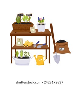 Spring gardening. Greenery, potted flowers, garden tools on the table. Vector composition. Illustration on a white background.