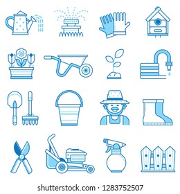 Spring gardening icon set with farm tools and equipment. Growing plants elements collection with gardener, grass-cutter, wheelbarrow and other garden icons. Springtime gardening objects in line art.