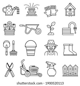 Spring gardening icon set with lawn and farm tools and equipment. Growing plants and horticulture icons in line art design including grass-cutter, wheelbarrow and other objects. Springtime collection.