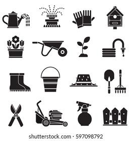 Spring gardening icon set with lawn and farm tools and equipment.