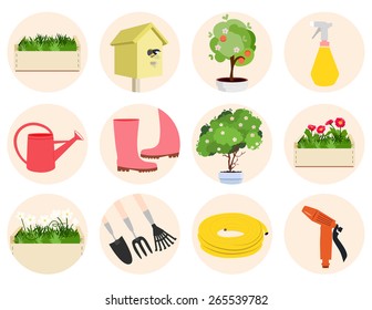 Spring gardening icons set with assorted round icons depicting garden tools, flowering trees and plants and a nesting box over a blue background, vector illustration