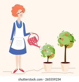 Spring gardening illustration depicting a pretty smiling woman watering her blossoming potted trees with a red polka dot watering can