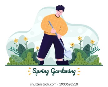 Ilustración del jardín de primavera. Persona usando palas para plantar en el jardín. Gente mandando tierra. Actividades al aire libre de primavera. Se puede usar para sitio web, banner, presentación, volante, postal.