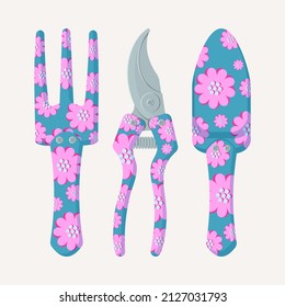 Spring gardening illustration. Vector isolated garden tools - pruning shears, trowel, cultivator tool. Elements for poster, scrapbooking, stickers set, greeting card, party invitations, tags.