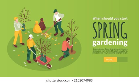 Pancarta de la web horizontal isométrica de la jardinería de primavera con caracteres sin rostro de jardineros trabajando con herramientas al aire libre 3d ilustración vectorial