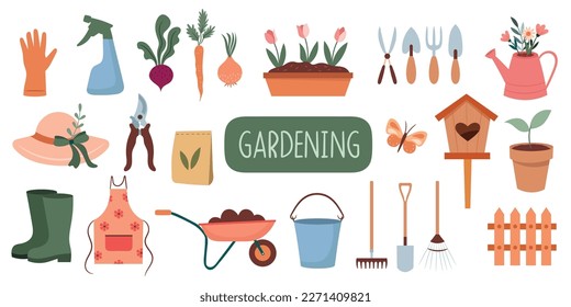 Spring gardening kit with tools and plants