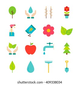 Spring Gardening Objects Set isolated over White. Flat Design Vector Illustration. Collection of Nature Garden Items.