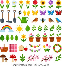 Spring Gardening and Outdoor Picnic Vector Elements Collection featuring Flowers, Gardening Tools, Birds, Butterflies, Potted Plants, Picnic Basket, and Wreath.