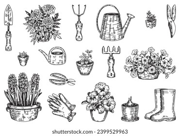 Colección de contorno de jardinería de primavera. Esbozos de macetas de plantas, guantes, botas de goma, latas de agua, herramientas de jardín. Ilustración vectorial en estilo de grabado aislado en blanco.