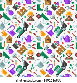 Spring gardening pattern with farm tools and equipment. Growing plants seamless background with gardener, grass-cutter, wheelbarrow and other lawn and garden icons. Springtime gardening backdrop.