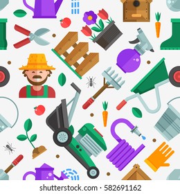Spring gardening pattern with farm tools and equipment. Growing plants seamless background with gardener, grass-cutter, wheelbarrow and other lawn and garden icons. Springtime gardening backdrop.