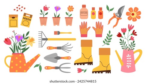 Spring gardening and planting. Garden tools and gear, watering can,  seeds, plants, fertilizer, boots, gloves, flowers. Hand drawn. Vector drawings isolated on white.