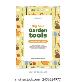 Spring gardening sale poster. Gardening tools sale flyer. Flat vector illustration.