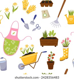 Spring gardening seamless background pattern. Set of bright elements - apron, gardening tools, potted flowers, seeds, watering can, wheelbarrow. 