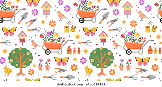 Spring gardening seamless pattern. Bloom time. Early spring farming. Garden tools, wheelbarrow, seeds, plants, fertilizer, flowers. Hand drawn. Background, wrapping paper, digital paper.