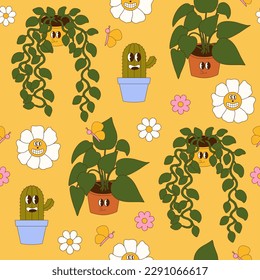 Spring gardening seamless pattern in character 70s-90s style. Plants in pot. Cactus, succulents. Perfect for kids wall wallpaper, gift paper, pattern fills, web page background, greeting cards.