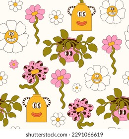 Spring gardening seamless pattern in character 70s-90s style. Plants in pot. Cactus, succulents. Perfect for kids wall wallpaper, gift paper, pattern fills, web page background, greeting cards.