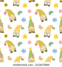 Spring gardening seamless pattern with colorful dwarfs, flowers, garden tools. Vector illustration in cartoon style. Isolated on white background.