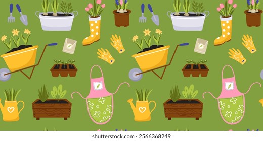 Spring gardening seamless pattern. Garden wheelbarrow, apron, plants, watering can, flowers. Vector set on green background.