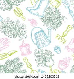 Spring gardening seamless pattern. Ornament of potted plants, gloves, rubber boots, watering cans, garden tools. Design in retro engraving style.