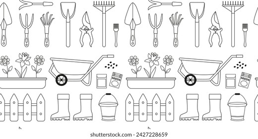 Spring gardening seamless pattern. Outdoor farming works. Garden tools and gear, bucket, wheelbarrow, seeds, plants in pots, boots. Line art. Coloring page. Background, digital paper.