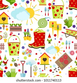 Spring and gardening seamless pattern. Tools, decorations and seasonal symbols of spring on a white background. Cartoon flat style vector illustration