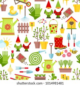 Spring and gardening seamless pattern. Tools, decorations and seasonal symbols of spring on a white background. Cartoon flat style vector illustration