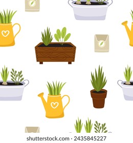 Spring gardening seamless vector pattern. Vegetables, greens in wood boxes and pots, seeds, watering can on a white background