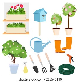 Spring gardening set of colored icons showing flowering plants and trees, watering can, boots, tools, hose, bird nesting box and sprayers, vector design elements