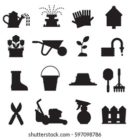 Spring gardening silhouette icons with lawn and farm tools and equipment.