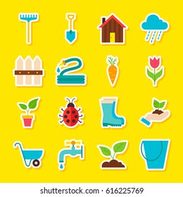 Spring Gardening Stickers. Vector Illustration Flat Style. Collection of Seasonal Nature Symbols.