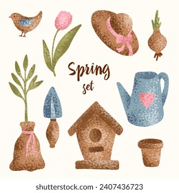 Spring gardening textured elements set isolated in flat design vector.
