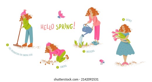 Spring gardening theme. A cute girl prepares the soil with a rake, plants tulip bulbs, waters the sprouts with a watering can and collects a bouquet.