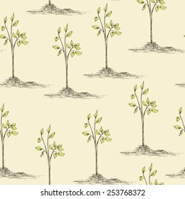 Spring gardening time seamless pattern. Hand drawn tree planting. Vector illustration