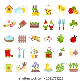 Spring and gardening tools icons set. Planting, growing, caring for garden and decoration elements isolated on white background. Cartoon flat style vector illustration