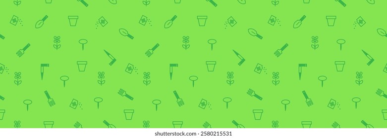 Spring gardening tools for planting, Web banner, Seamless pattern