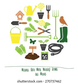 Spring Gardening Tools Set Background, Flat Vector Illustration