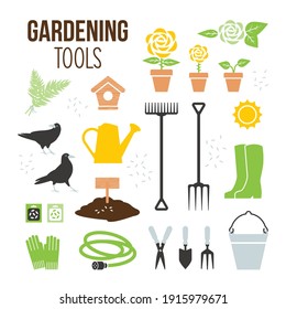 Spring Gardening Tools. Village, farm, agriculture items. Isolated vector clipart.