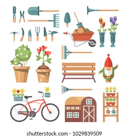 Spring gardening vector flat illustration in pastel colors with garden appliances