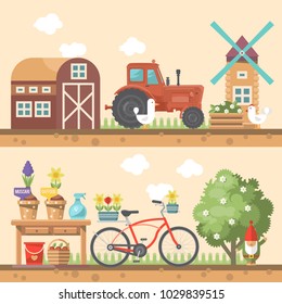 Spring gardening vector flat illustration in pastel colors with garden appliances