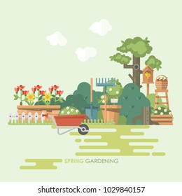 Jardín de primavera ilustración plana vectorial en colores pastel con aparatos de jardín