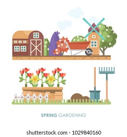 Spring gardening vector flat illustration in pastel colors with garden appliances